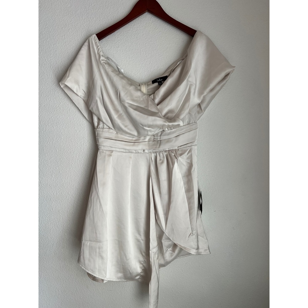 Lulus Champagne‎ Satin Mini Dress Wrap Tie Waist Off Shoulder Party Cocktail